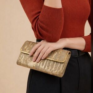 Louis Vuitton Gold Metallic Saffiano Leather Clutch Wallet Made in France